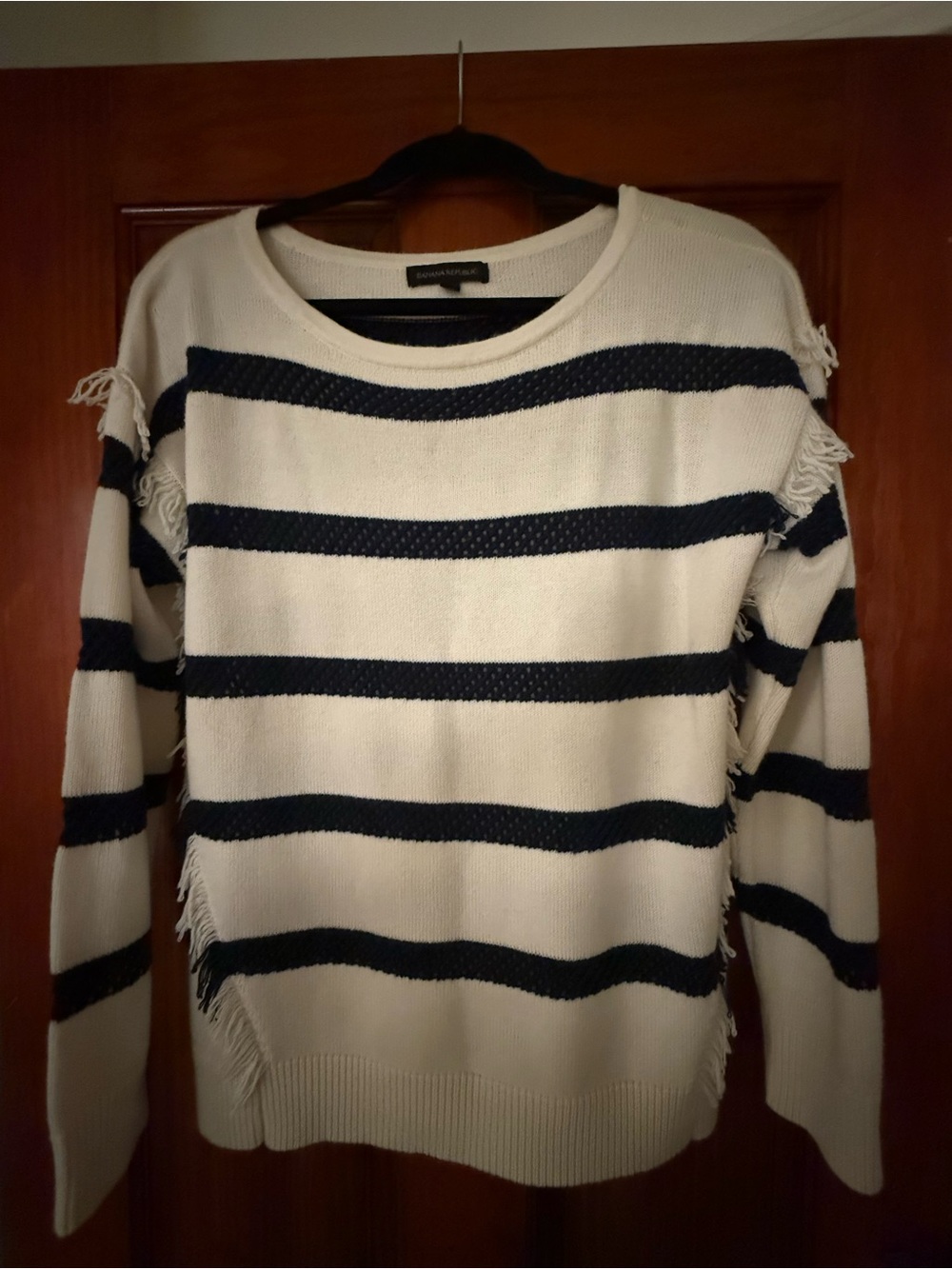 Banana Republic Navy & White Fringe Striped Crew Sweater